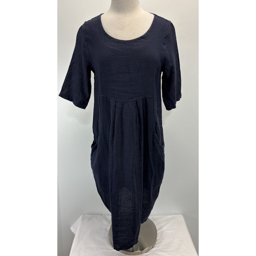Luca Vanucci Dress Womens S Blue 100% Linen Lagenlook Pockets Oversized Italy
